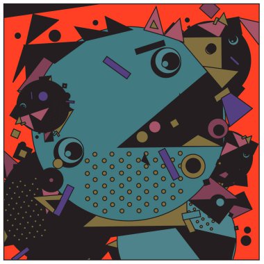 Vektör fraktal kumaş rasgele soyut renkli duvar kağıdı desen arka plan daireler. Balık karakter illüstrasyon retro tarzı ile