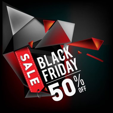 Siyah Cuma satış poster. promosyon için 3D geometrik poster tasarım şablonu. Parlak metal malzeme stili.