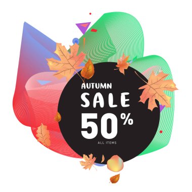 Harfli vektör sonbahar poster şablonu. Parlak sonbahar yaprakları. Broşür, kart, etiket, pankart tasarımı. Parlak ticari arka plan tasarımı. Sonbahar indirimi% 50