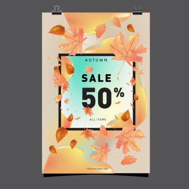 Harfli vektör sonbahar poster şablonu. Parlak sonbahar yaprakları. Broşür, kart, etiket, pankart tasarımı. Parlak ticari arka plan tasarımı. Sonbahar indirimi% 50