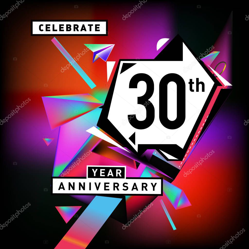 30th anniversary card with colorful background.  birthday logo on geometric colorful background.