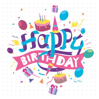 Mutlu doğum günü tipografi vektör tasarımı için tebrik kartları ve balon, pasta, konfeti ve hediye kutusu, tasarım şablonu doğum günü kutlaması için poster.