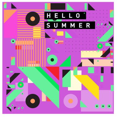 Trendy vektör yaz kartları illüstrasyon satır öğeleri ve soyut renkli doku. Tasarım poster, kart, davetiye, broşür ve tanıtım şablonu için. Moda sanat baskı ve arka plan.