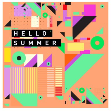 Trendy vektör yaz kartları illüstrasyon satır öğeleri ve soyut renkli doku. Tasarım poster, kart, davetiye, broşür ve tanıtım şablonu için. Moda sanat baskı ve arka plan.