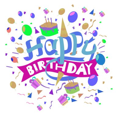 Mutlu doğum günü tipografi vektör tasarımı için tebrik kartları ve balon, pasta, konfeti ve hediye kutusu, tasarım şablonu doğum günü kutlaması için poster.