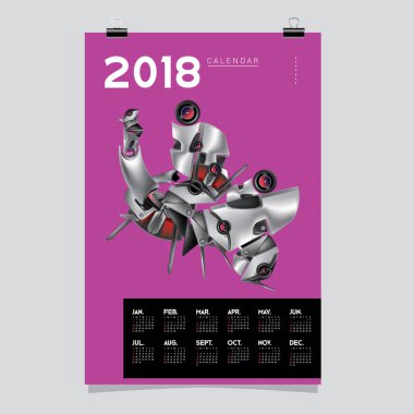 2018 takvim tasarım şablonu. 3D gerçekçi Robot ve oyuncaklar illüstrasyon kapak için vektör.