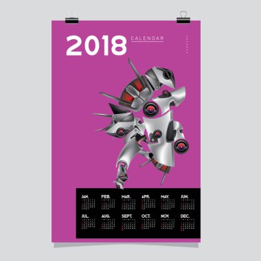 2018 takvim tasarım şablonu. 3D gerçekçi Robot ve oyuncaklar illüstrasyon kapak için vektör.