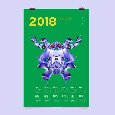 2018 takvim tasarım şablonu. 3D gerçekçi Robot ve oyuncaklar illüstrasyon kapak için vektör.