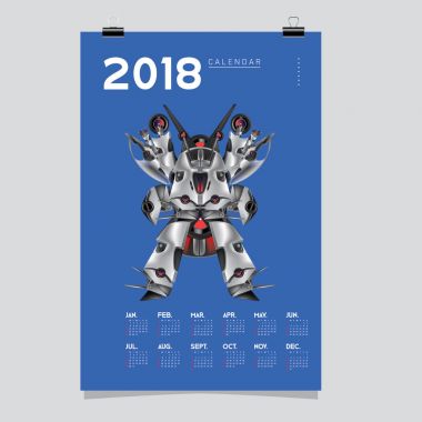2018 takvim tasarım şablonu. 3D gerçekçi Robot ve oyuncaklar illüstrasyon kapak için vektör.