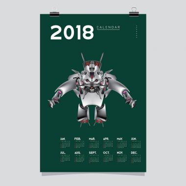 2018 takvim tasarım şablonu. 3D gerçekçi Robot ve oyuncaklar illüstrasyon kapak için vektör.