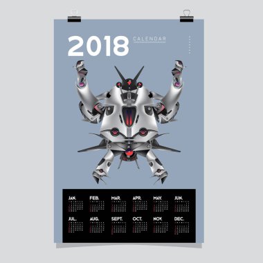 2018 takvim tasarım şablonu. 3D gerçekçi Robot ve oyuncaklar illüstrasyon kapak için vektör.