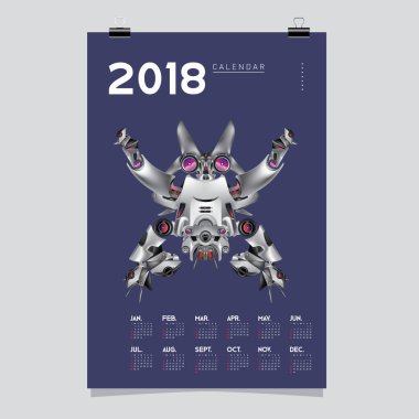2018 takvim tasarım şablonu. 3D gerçekçi Robot ve oyuncaklar illüstrasyon kapak için vektör.