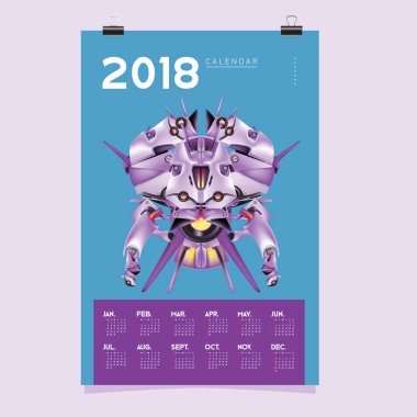 2018 takvim tasarım şablonu. 3D gerçekçi Robot ve oyuncaklar illüstrasyon kapak için vektör.