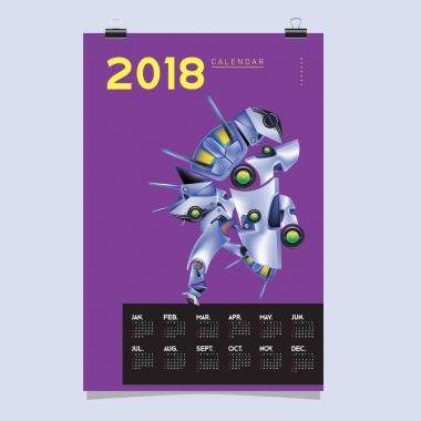 2018 takvim tasarım şablonu. 3D gerçekçi Robot ve oyuncaklar illüstrasyon kapak için vektör.