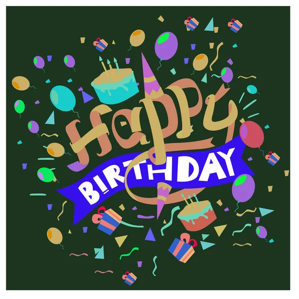 生日快乐版式矢量设计为贺卡和海报与气球 五彩纸屑和礼物箱子 设计模板为生日庆祝 — 图库矢量图片