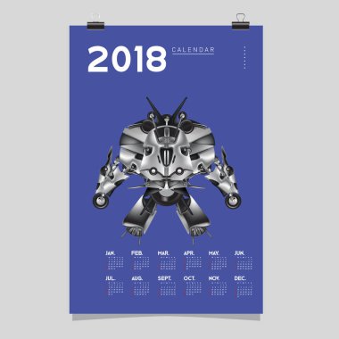 2018 takvim tasarım şablonu. 3D gerçekçi Robot ve oyuncaklar illüstrasyon kapak için vektör.