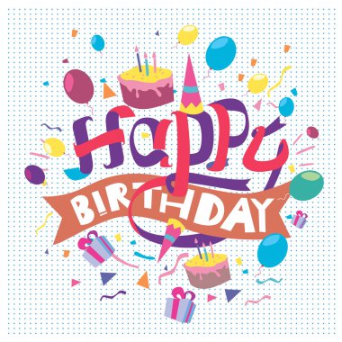 Mutlu doğum günü tipografi vektör tasarımı için tebrik kartları ve balon, pasta, konfeti ve hediye kutusu, tasarım şablonu doğum günü kutlaması için poster.