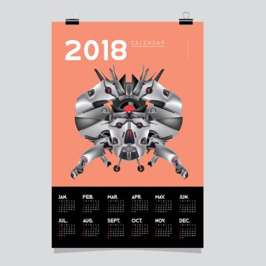 2018 takvim tasarım şablonu. 3D gerçekçi Robot ve oyuncaklar illüstrasyon kapak için vektör.