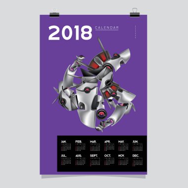2018 takvim tasarım şablonu. 3D gerçekçi Robot ve oyuncaklar illüstrasyon kapak için vektör.