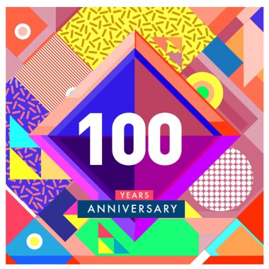 100 yıl tebrik kartı yıldönümü renkli numarası ve çerçeve ile. logo ve Memphis tarzı kapak ve tasarım şablon simgesi