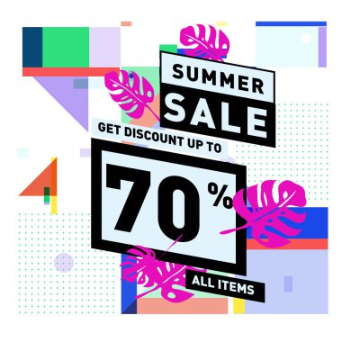 Monstera ile yaz satış memphis tarzı web afiş bırakır. Kampanya ve promosyon ile soyut renkli resimde.