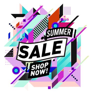 Yaz satış memphis tarzı web afiş. Moda ve seyahat poster indirim. Vektör tatil soyut renkli resimde kampanya ve promosyon.