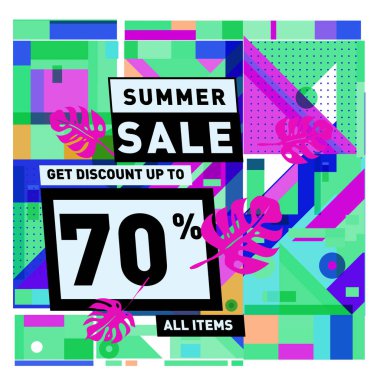 Monstera ile yaz satış memphis tarzı web afiş bırakır. Kampanya ve promosyon ile soyut renkli resimde.