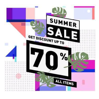 Monstera ile yaz satış memphis tarzı web afiş bırakır. Kampanya ve promosyon ile soyut renkli resimde.