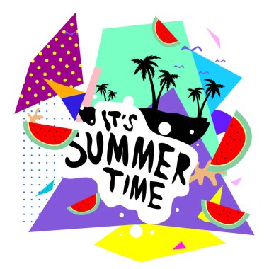 Yaz saati vektör banner tasarımı metin ve renkli tropikal plaj öğeleri için arka plan ile. Olay için vektör çizim şablonu.