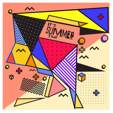 Yaz satış memphis tarzı web afiş. Moda ve seyahat poster indirim. Vektör tatil soyut renkli resimde kampanya ve promosyon.