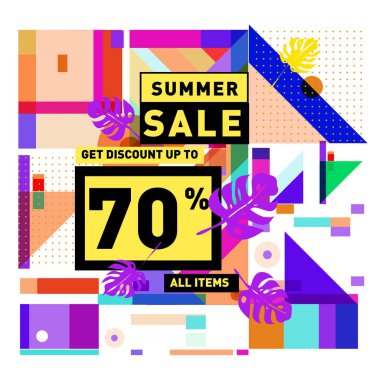 Monstera ile yaz satış memphis tarzı web afiş bırakır. Kampanya ve promosyon ile soyut renkli resimde.