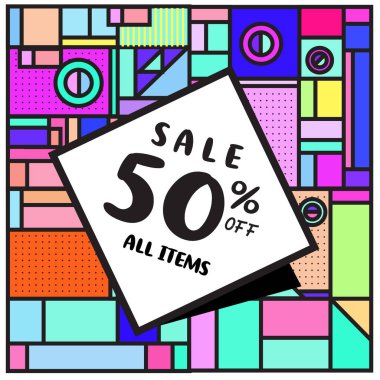 Satılık memphis tarzı web afiş. Moda ve seyahat poster indirim. Kampanya ve promosyon ile tatil soyut renkli resimde.