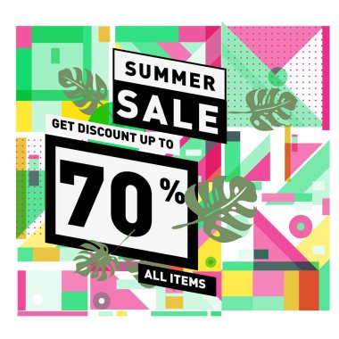 Monstera ile yaz satış memphis tarzı web afiş bırakır. Kampanya ve promosyon ile soyut renkli resimde.