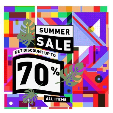 Monstera ile yaz satış memphis tarzı web afiş bırakır. Kampanya ve promosyon ile soyut renkli resimde.