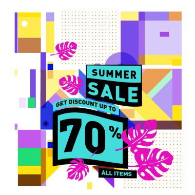 Monstera ile yaz satış memphis tarzı web afiş bırakır. Kampanya ve promosyon ile soyut renkli resimde.