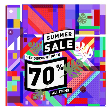 Monstera ile yaz satış memphis tarzı web afiş bırakır. Kampanya ve promosyon ile soyut renkli resimde.