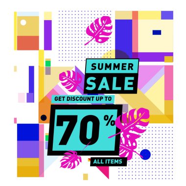 Monstera ile yaz satış memphis tarzı web afiş bırakır. Kampanya ve promosyon ile soyut renkli resimde.