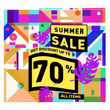 Monstera ile yaz satış memphis tarzı web afiş bırakır. Kampanya ve promosyon ile soyut renkli resimde.