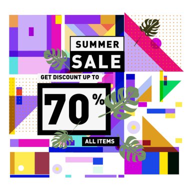 Monstera ile yaz satış memphis tarzı web afiş bırakır. Kampanya ve promosyon ile soyut renkli resimde.