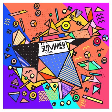 Yaz satış memphis tarzı web afiş. Moda ve seyahat poster indirim. Vektör tatil soyut renkli resimde kampanya ve promosyon.