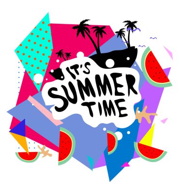 Yaz saati vektör banner tasarımı metin ve renkli tropikal plaj öğeleri için arka plan ile. Olay için vektör çizim şablonu.