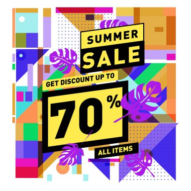 Monstera ile yaz satış memphis tarzı web afiş bırakır. Kampanya ve promosyon ile soyut renkli resimde.