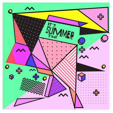 Yaz satış memphis tarzı web afiş. Moda ve seyahat poster indirim. Vektör tatil soyut renkli resimde kampanya ve promosyon.