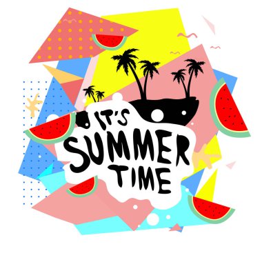 Yaz saati vektör banner tasarımı metin ve renkli tropikal plaj öğeleri için arka plan ile. Olay için vektör çizim şablonu.