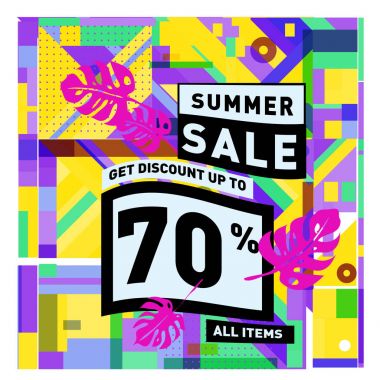 Monstera ile yaz satış memphis tarzı web afiş bırakır. Kampanya ve promosyon ile soyut renkli resimde.
