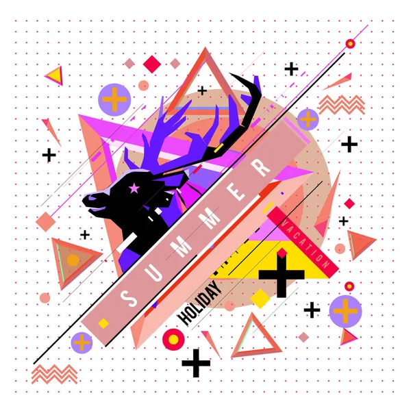 Memdhis スタイルのカードに抽象的なカラフルなテクスチャの鹿とトレンディな夏 休日休暇のポスター カード パンフレット プロモーションのテンプレートのデザインします — ストックベクタ