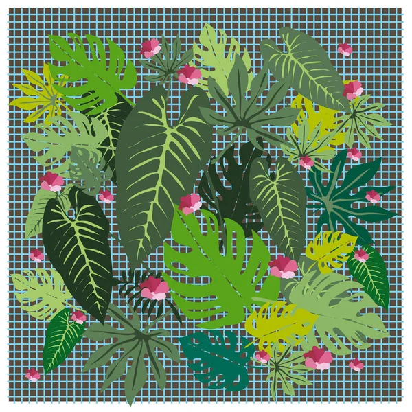 Banner Con Patrón Hojas Plantas Tropicales Malla — Vector de stock