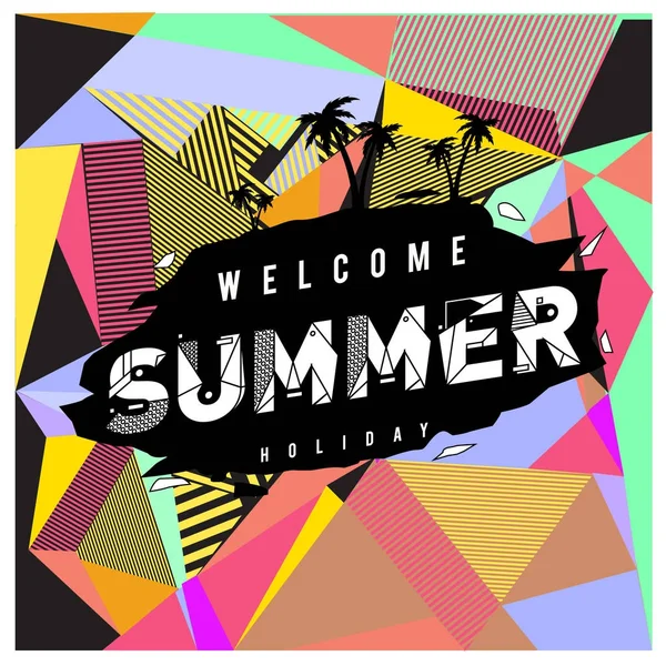 时尚的夏季卡在孟菲斯风格与棕榈树抽象丰富多彩的纹理 假日度假海报 小册子和促销模板的设计 — 图库矢量图片