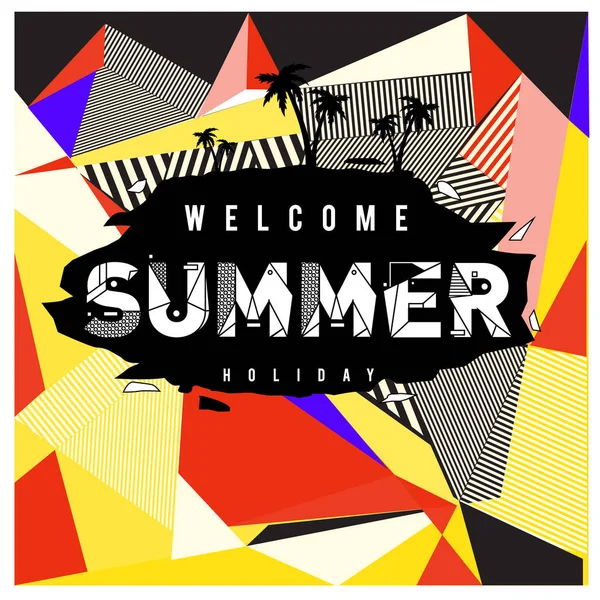 Trendige Sommerkarte Memphis Stil Mit Palmen Abstrakten Bunten Texturen Design — Stockvektor