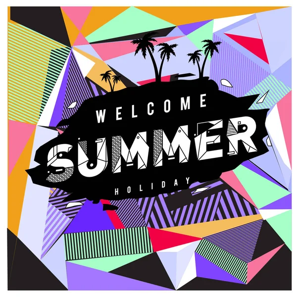 时尚的夏季卡在孟菲斯风格与棕榈树抽象丰富多彩的纹理 假日度假海报 小册子和促销模板的设计 — 图库矢量图片